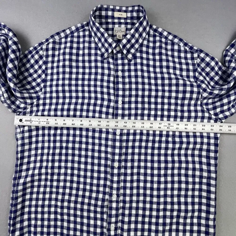 J.Crew Baird McNutt Irish Linen Shirt Men XL Blue White Plaid Button Long Sleeve